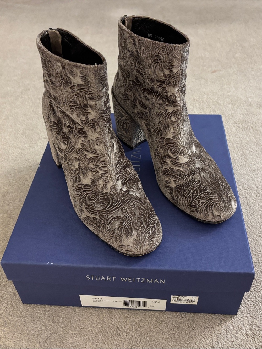 Stuart Weitzman Bacari Greige Embossed Velvet Ankle Boots